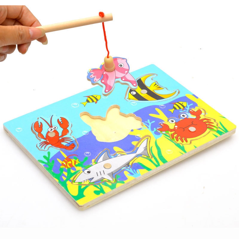 Children Educational Fishing Puzzles Baby Toys Wooden Magnetic 3D Jigsaw Funny Game Toy For Kids Gifts M09