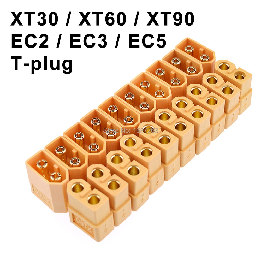 RC Battery Connector Set: XT30, XT60, XT90, EC2, EC3, EC5 - 5/10 Pairs, Male/Female, Gold-Plated Bananas