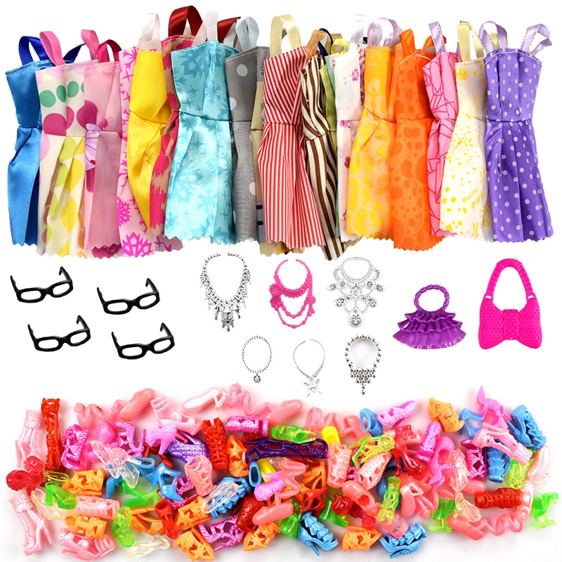 32-Piece Doll Accessories Set: Includes 10 Dresses, 4 Glasses, 6 Necklaces, 2 Handbags, and 10 Pairs of Shoes for Barbie Dolls.