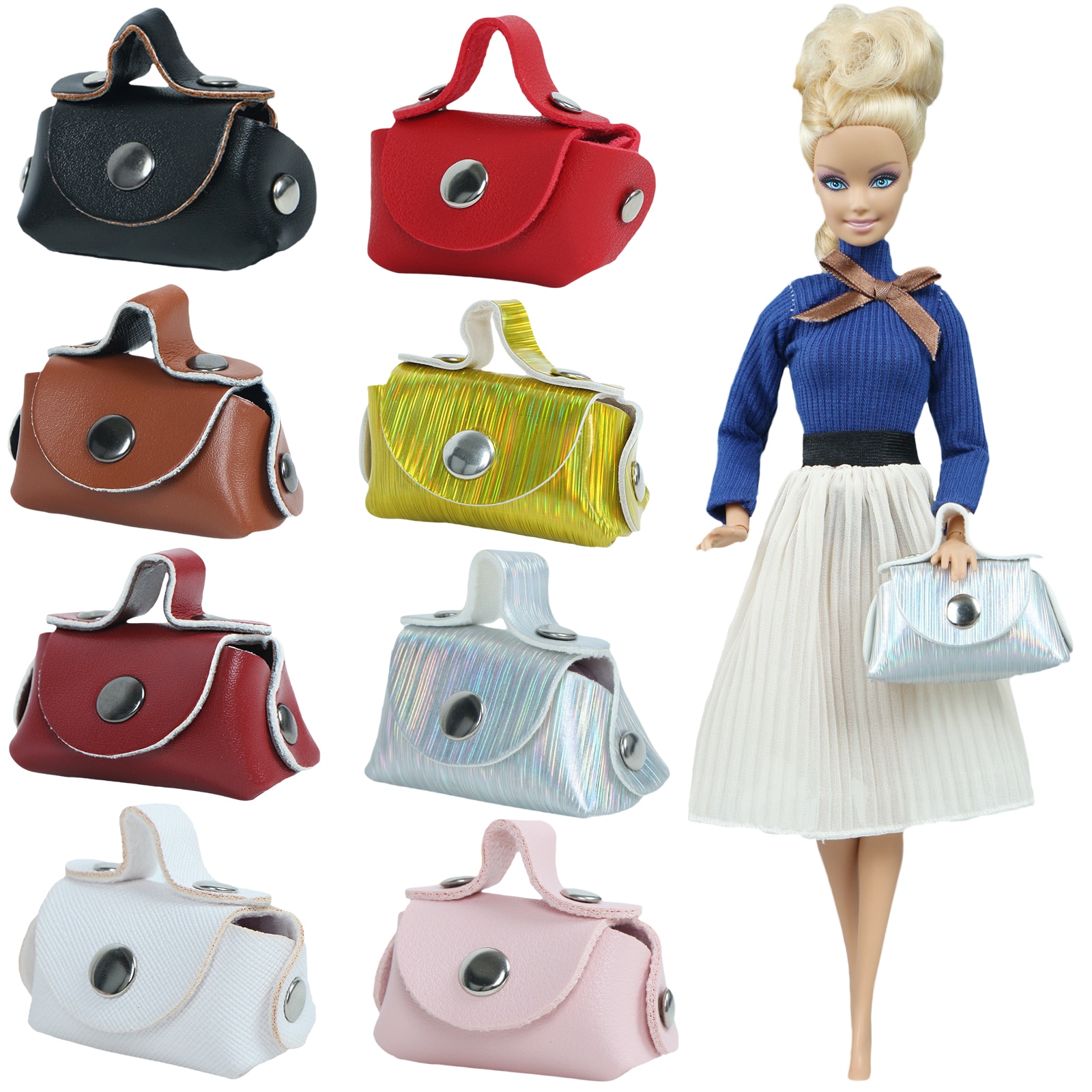 1 Pcs Fashion Lady Leather Bag Fashion Purse Cloth Bright Handbag Dress Accessories Clothes for Barbie Doll House Girl Toys