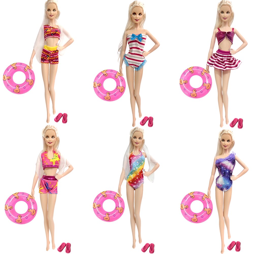 Beach Accessories for Barbie Doll - Swimsuit, Slippers, Swimming Buoy, and Lifebelt for 1/6 Scale Doll Clothes - Summer Toy