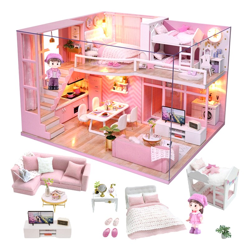 Wooden DIY Dollhouse Kit with Miniature Furniture - Perfect Christmas Gift for Kids (Model L026)