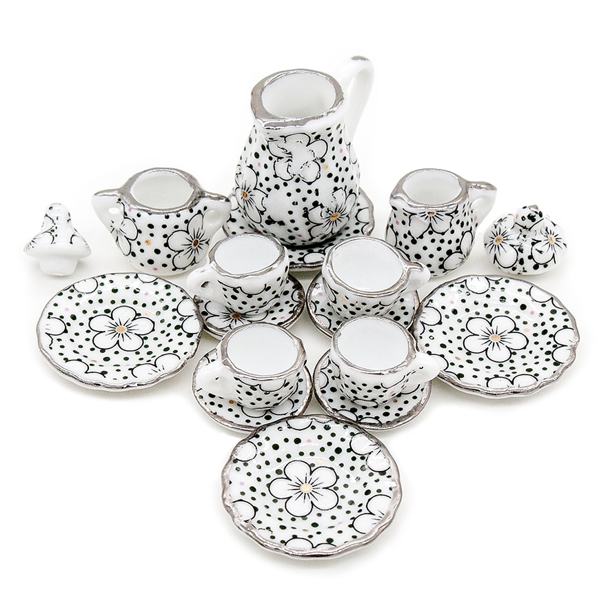 Odoria Miniature Porcelain Tea Cup Set for 1:12 Scale Dollhouse - 15pcs (14 Patterns) - Chintz Flower Tableware for Kitchen Décor.