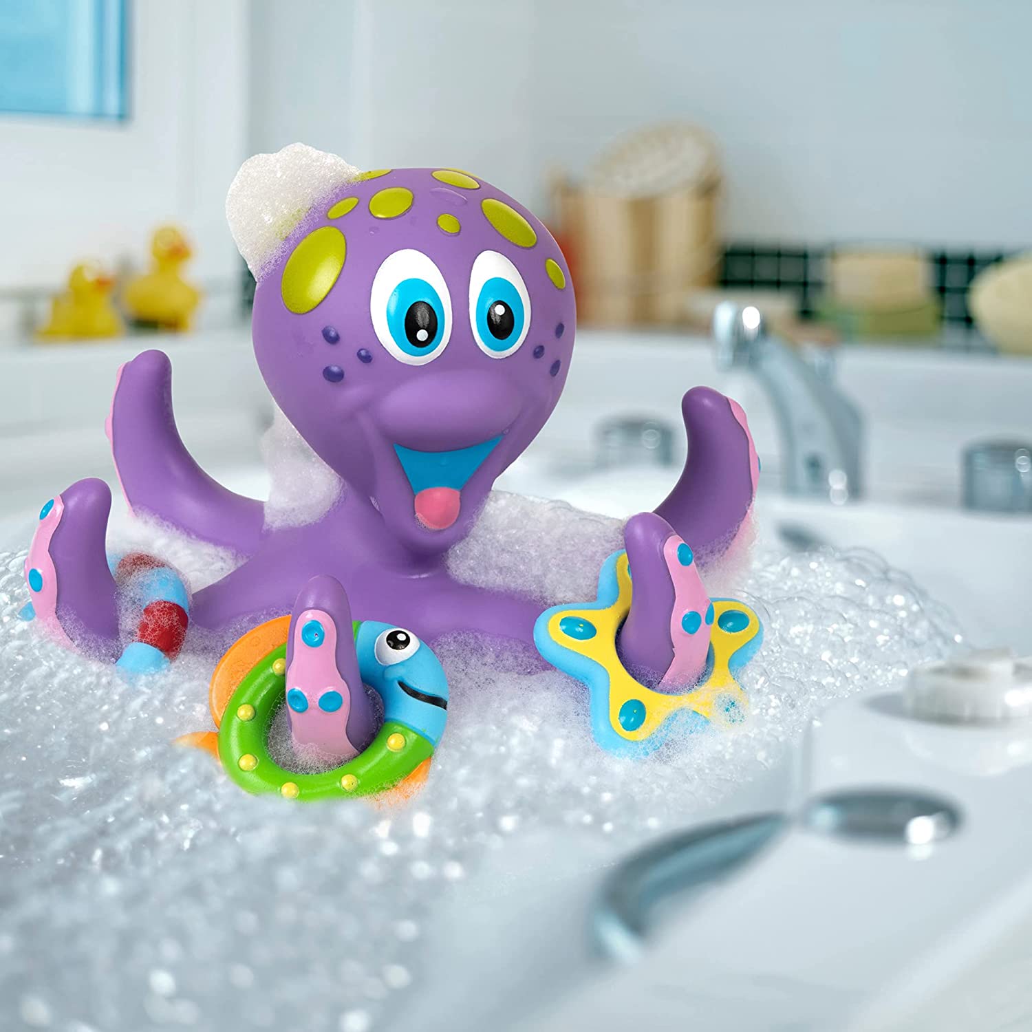 Floating Purple Octopus with Hoopla Rings Interactive Bath  Play Water Toys Bathing Pool Education Toy for Kids Baby Gift