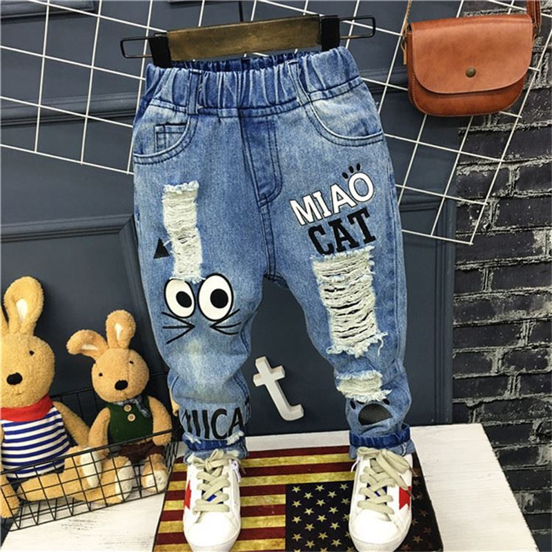 New Girls Jeans Spring Autumn Children Trousers 1-7Yrs Baby Boys Girls Jeans Boys Casual Hole Pants Cartoon Cat Jeans For Kids