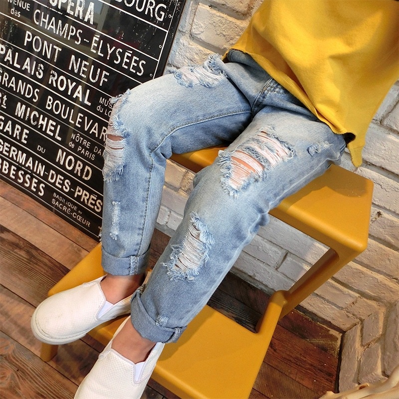 Kids Ripped Jeans Trousers for Baby Boy/Girl (3-10T), Spring Denim Pants (DWQ056)