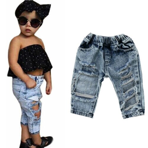 Girls' Denim Pants with Stretchable Elastic and Ripped Holes, Sizes 1-5T