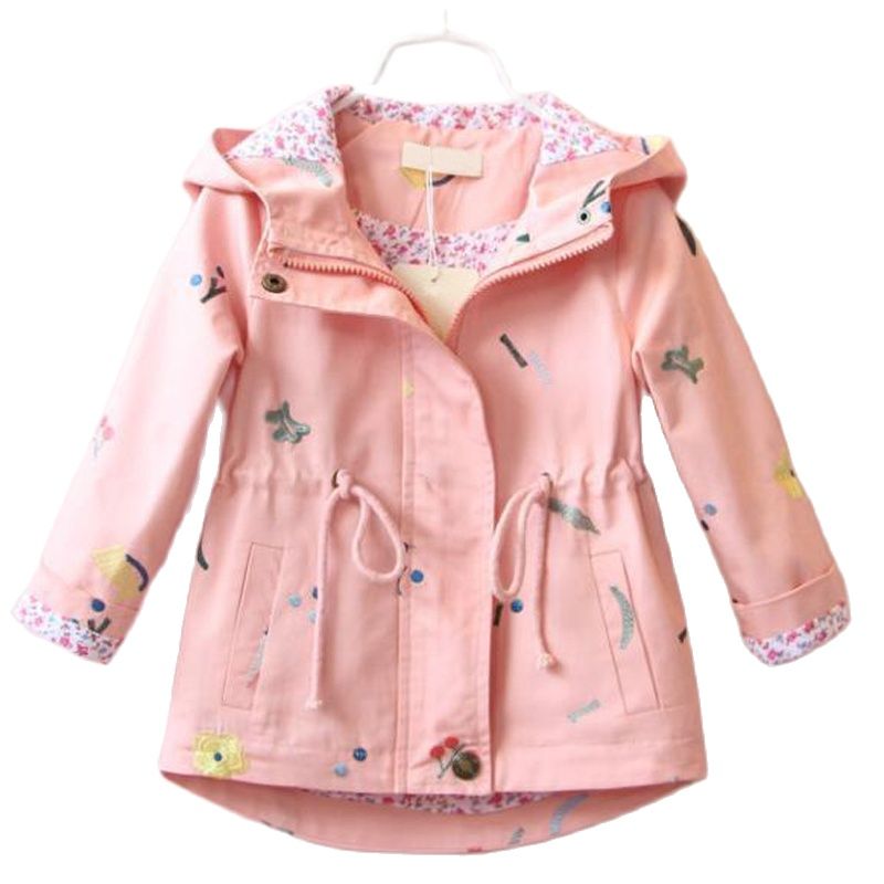 Embroidered Girls' Windbreaker Coat with Hood for Spring and Fall Seasons - Cute and Casual Kids' Jacket