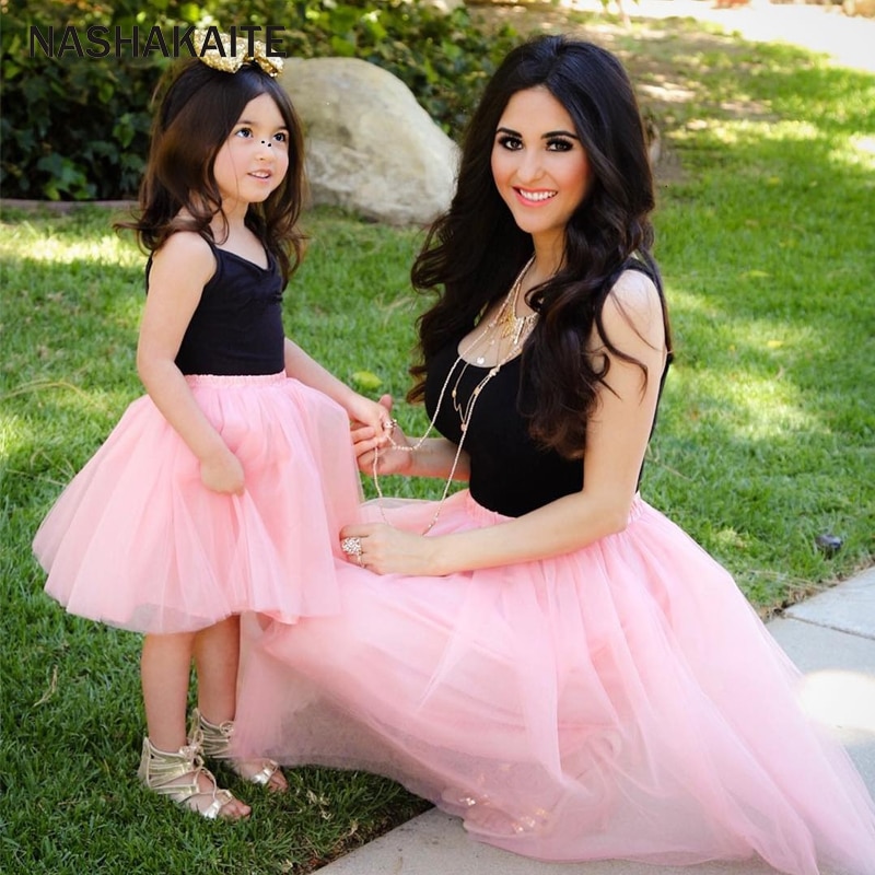 Pink Mesh Princess Dress Set for Mother & Daughter - Family Look Clothing