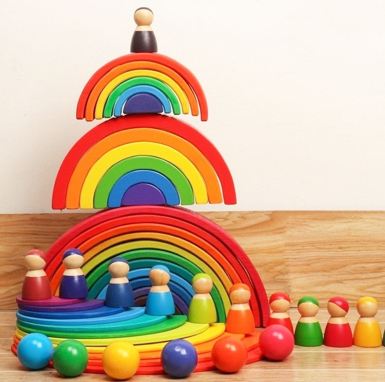Wooden Rainbow Stacking Blocks Educational Toy for Kids - Montessori Color Sort with Balls and Dolls.