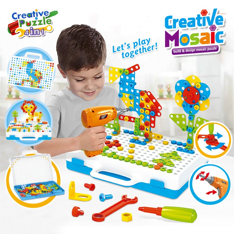 3D Drilling Screw Mosaic Puzzle for Kids - Building Bricks DIY Electric Drill Set Educational Toy for Boys.