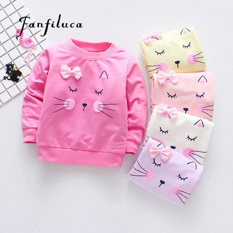 Fanfiluca 2018 Brand New Girls T-Shirts Long Sleeve Girl Autumn Cat Tees Shirts Casual Tops Clothes Children Outwear Outfits