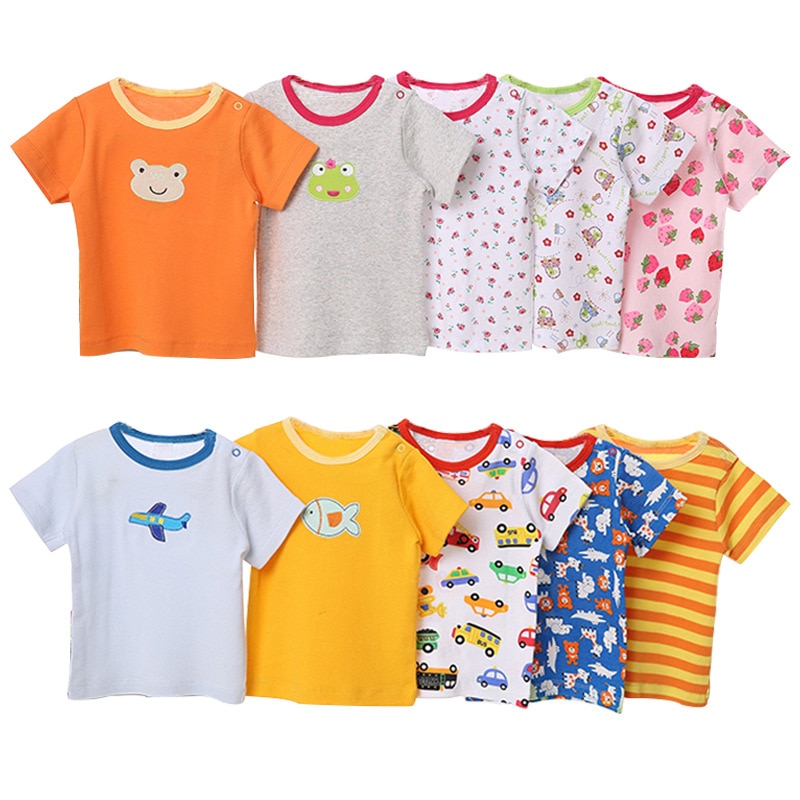 Random Color 5 Pack Baby T-Shirt with Cartoon Print - Summer Short Sleeve 100% Cotton Toddler Boys and Girls Clothes