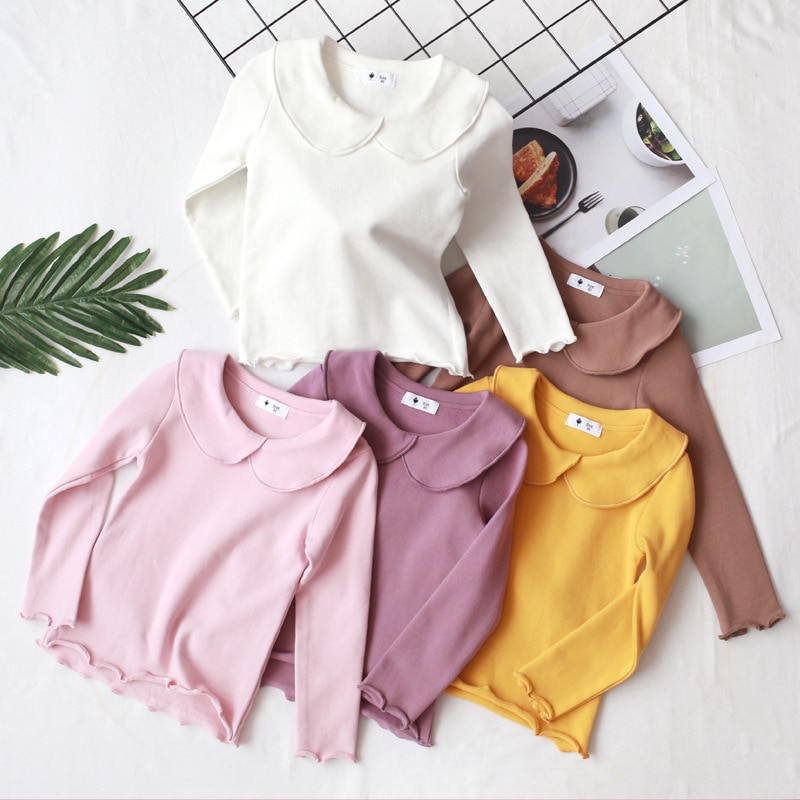 Toddler Kids Baby Girls Cotton shirt Long Sleeve Solid Tops Spring Autumn Girls Basic Tee Shirt RT508