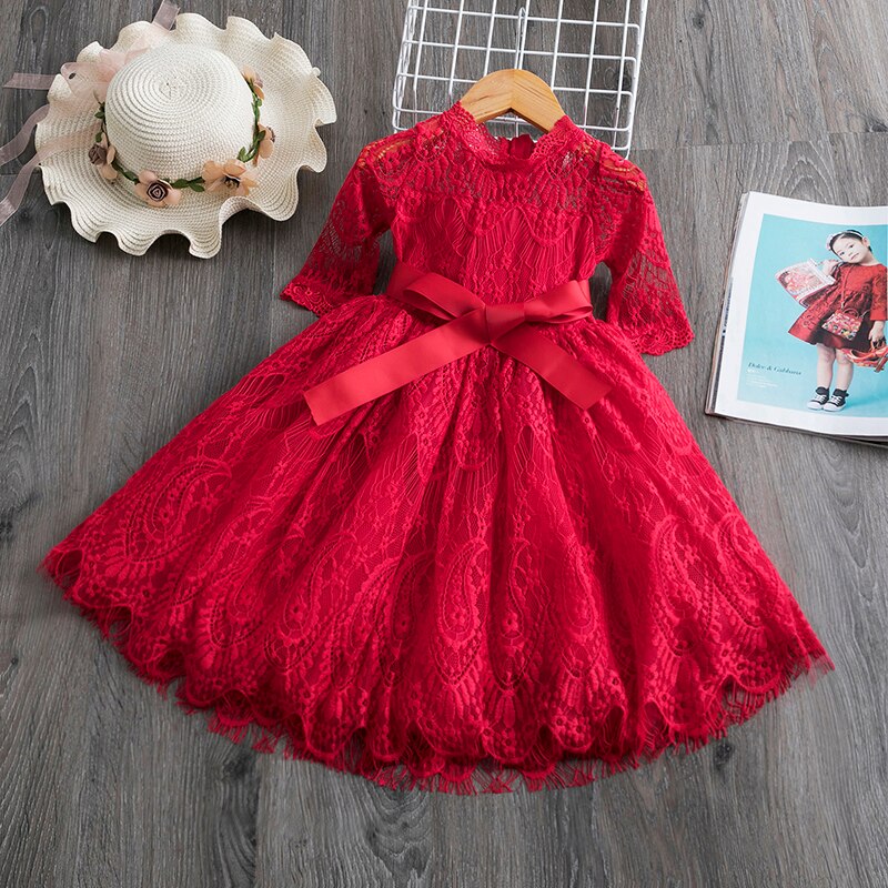 Red Kids Dresses For Girls Flower Lace Tulle Dress Wedding Little Girl Ceremony Party Birthday Dress Children Autumn Clothing