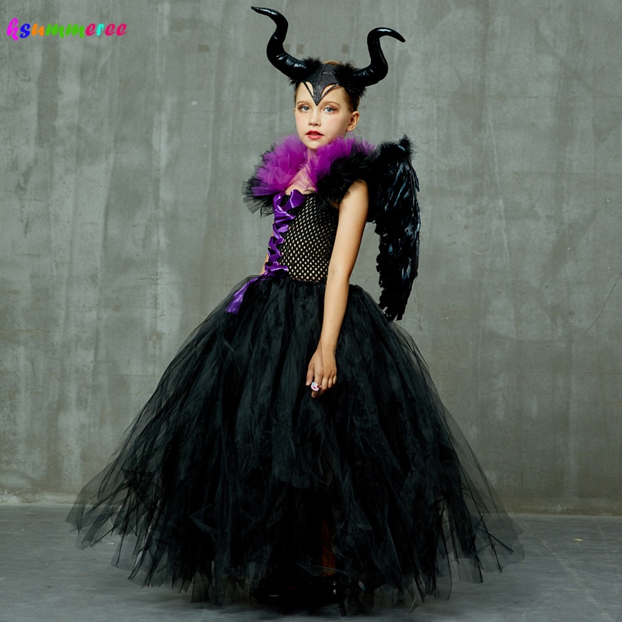 Kids Evil Queen Girls Halloween Fancy Tutu Dress Costume with Horn Wing Children Christening Dress Up Black Gown Villain Clothes