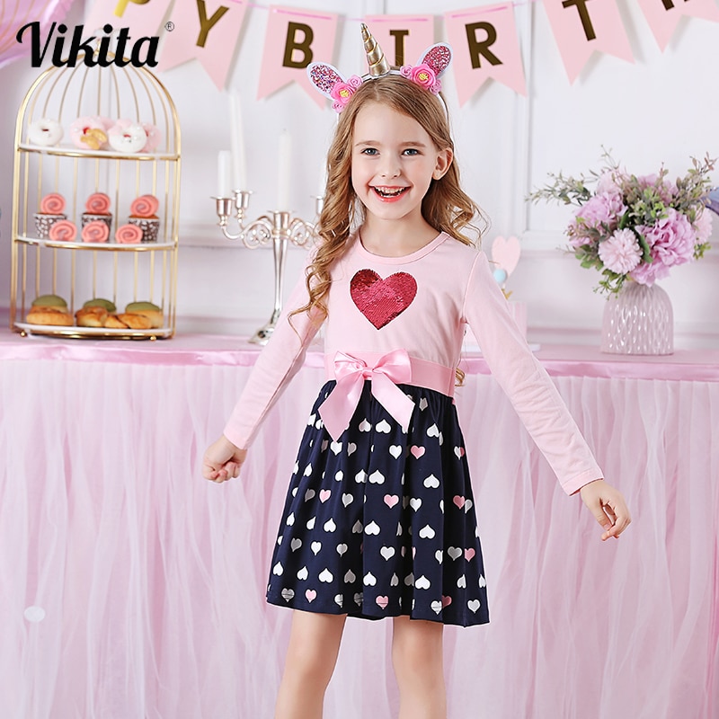 VIKITA Girls Cotton Dress Long Sleeve Children Patchwork Vestidos Kid Dresses for Girls Clothes Toddlers Cartoon Princess Dress