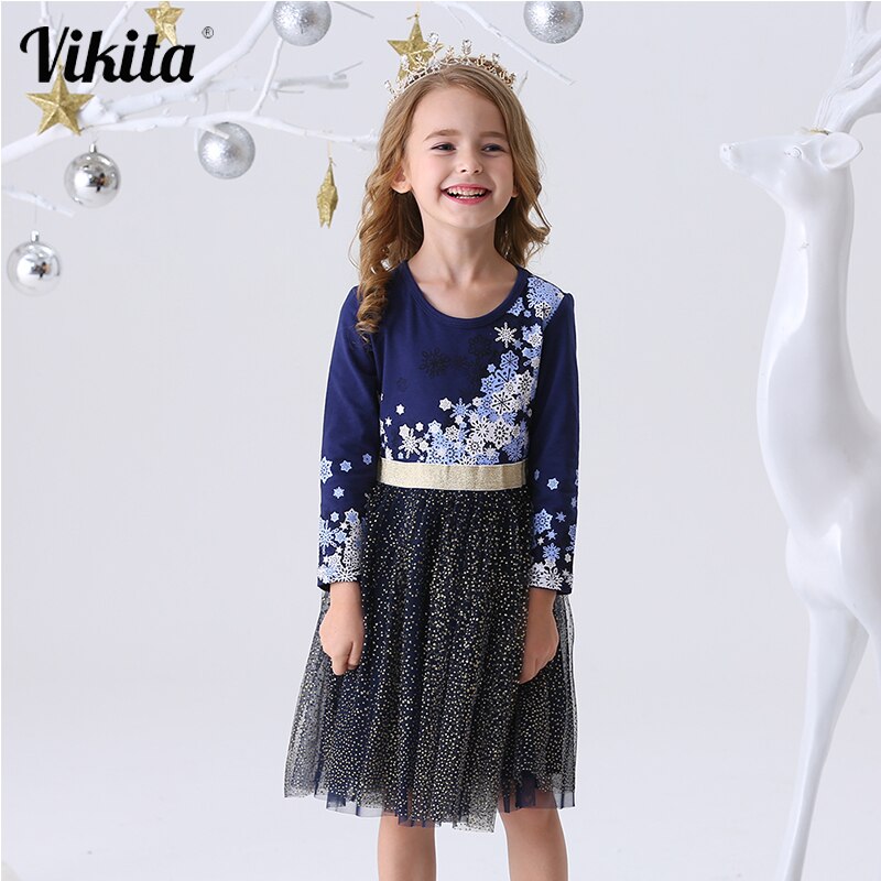 Vikita Girls' Sequin Dress - Long Sleeve Party & Performance Dress with Unicorn Design & Flower Accents