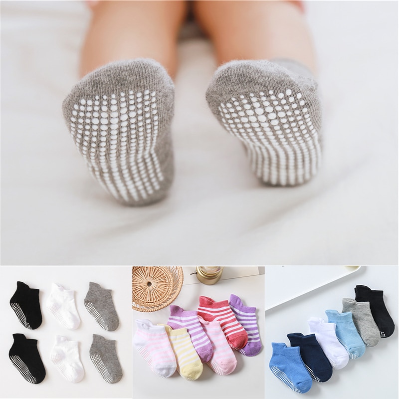 Pack of 6 Anti-Slip Cotton Ankle Socks for Toddlers and Kids, 0-5 Years - Non-Skid Grips, All-Season Wear.