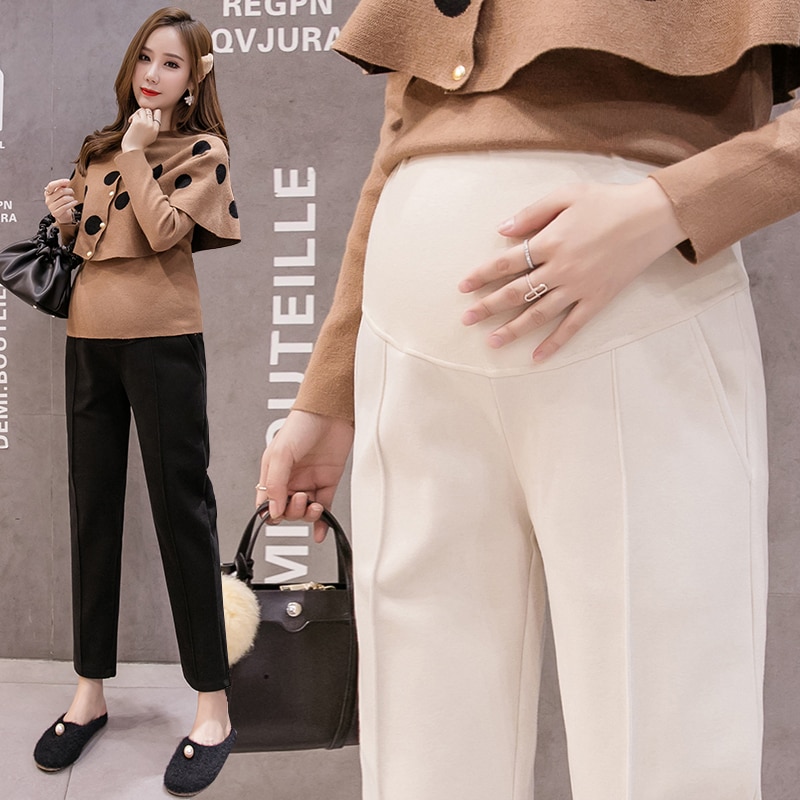 663# 9/10 Autumn Winter Thick Woolen Maternity Pants Elastic Waist Belly Straight Casual Clothes for Pregnant Women OL Pregnancy