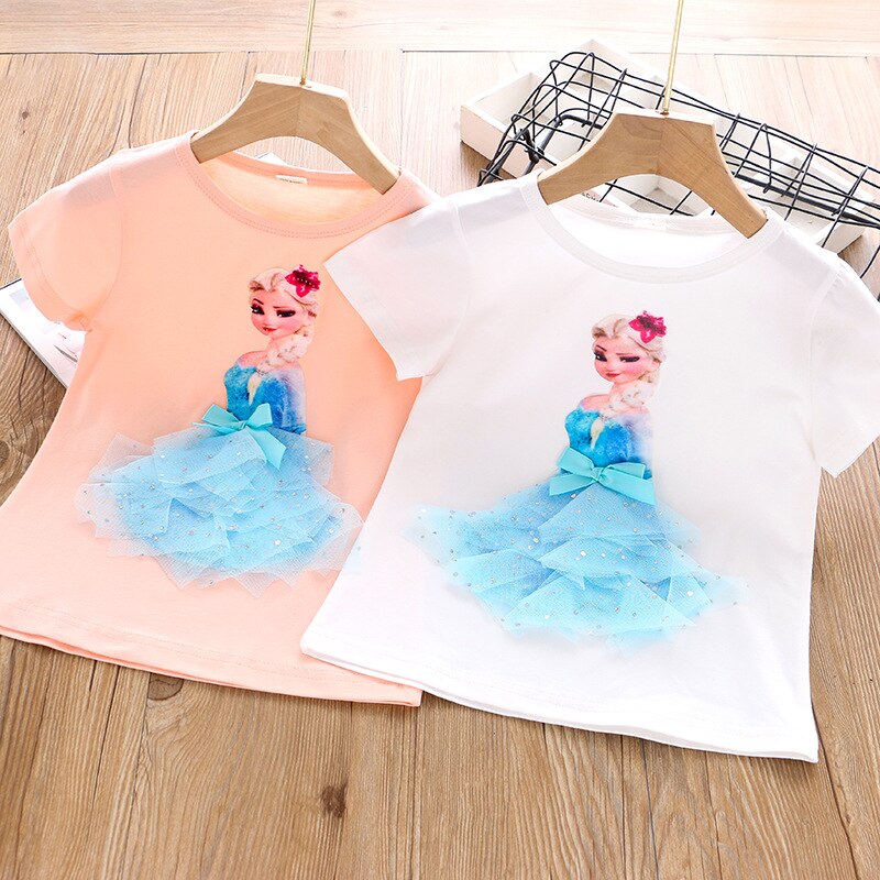 2021Girl Summer Princess T-Shirt Elsa Aurora Childen Cotton Tees Lace T Shirt 3D Sofia Appliques Kid Birthday Top Clothing Shirt