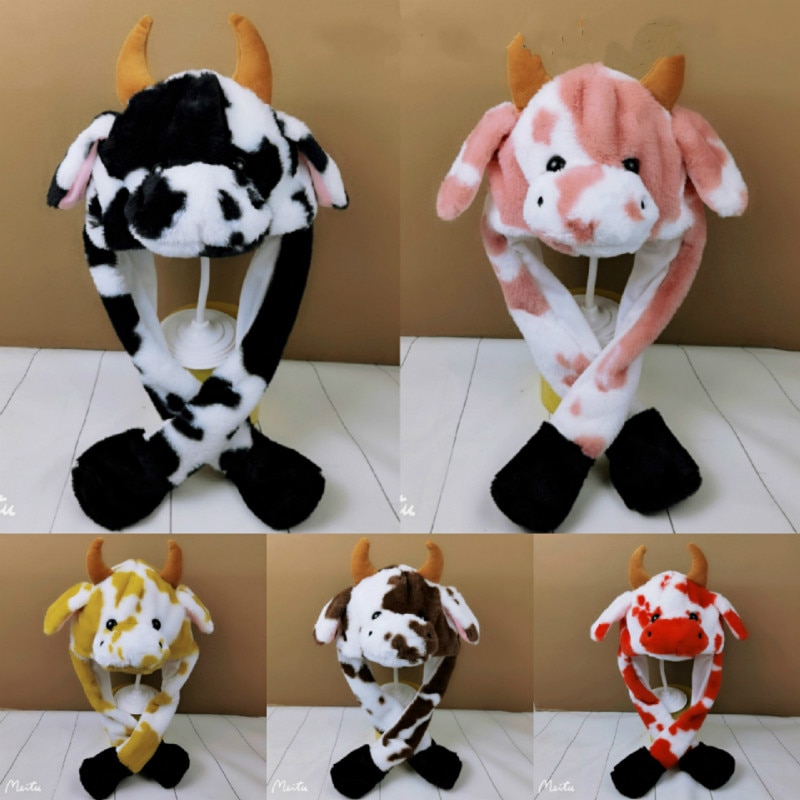 Cow hat Cute Rabbit Hat with light Funny Air Float Filling Ear Moving Cap Cartoon Plush Stuffed Toys Gifts for kids