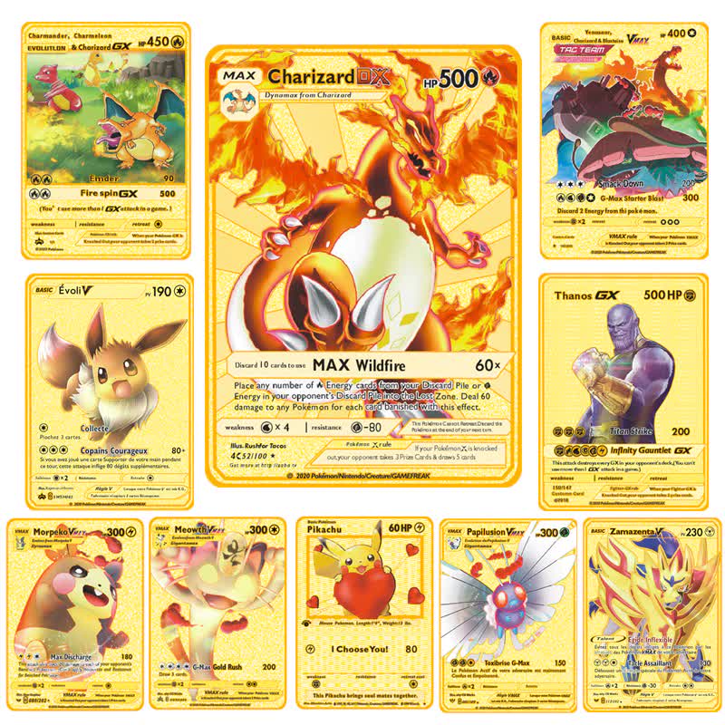 Pokemon French Metal Card Game Anime Battle Card Gold Charizard Pikachu Collection Card Action Figure Model Child Toy