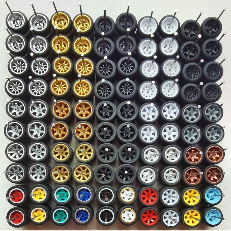 50 Sets 1/64 Alloy Car Wheels (11mm/14mm) with Rubber Tires for Matchbox/Domeka/HW/Mini Cars Off-Road.