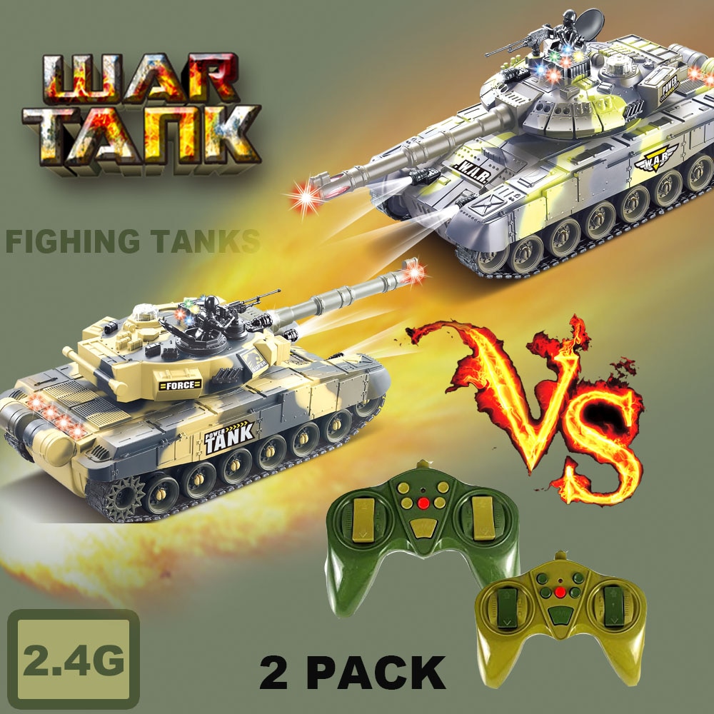 2-Pack RC Battle Tanks with LED Indicators and Realistic Sounds for Kids - 2.4G Remote Control Boy Toys