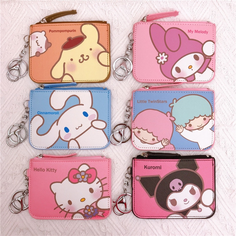 Hello Kitty, Cinnamon Roll, My Melody, and Kuromi Coin Purse and Work Card Set with Cartoon Bus Card, Campus Card Wallet, and Keychain.