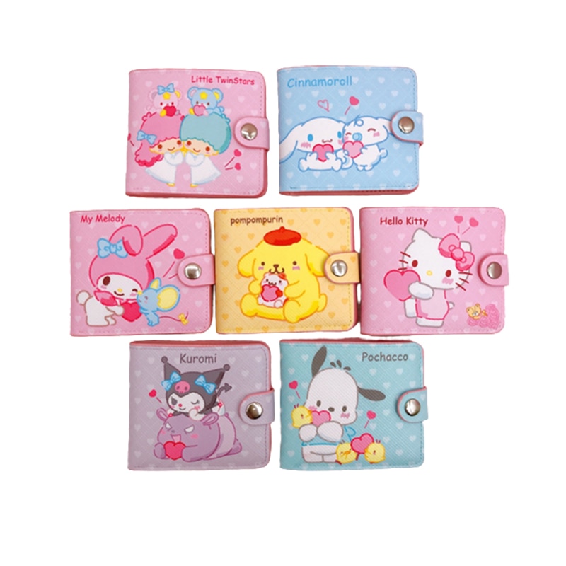 Cute Sanrio Coin Wallet for Kids with Button Card Slot and PU Leather, Featuring Cinnamoroll, Kuromi, and Hello Kitty.