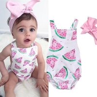 Watermelon Print Baby Girls Romper with Headband - Summer Sunsuit Set for Kids (0-24 months)