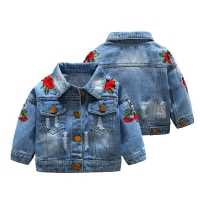 Baby Girl's Embroidered Denim Jacket with Ripped Detailing