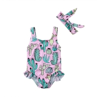 Baby Girl Swimwear Toddler Kid Swimsuit Infant Cactus Print Bathing Suit Jumpsuit Beachwear Headband 2Pcs