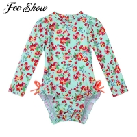 Baby Toddler Girls One-piece Long Sleeves Swimwear Floral Printed Back Zipper with Ruffled Side Swimsuit Bathing Suit Rash Guard