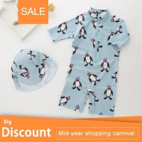 2pc Penguin Baby Swimwear Set with Hat for Boys - Infant Toddler Beachwear for Kids Swimming and Bathing