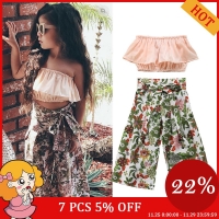 Toddler Girls' Princess Summer Outfit with Off-Shoulder Bandeau, Floral Belt Pants Set