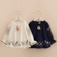 2021 Spring Autumn 2-10 Years Cotton Navy Blue White Long Flare Trumpet Sleeve Embroidery Baby Kids Girls Tassels Blouses Shirt