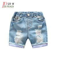 New Baby Boys Holes Jeans Shorts Pants Kids Summer Light Blue Denim Shorts For Boy Elastic Waist Cotton Children Clothing, 2-6Y
