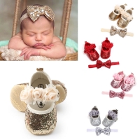 Newborn Infant Baby Girls Boys Summer Crib Shoes 3 Style Sequined Floral Flat With Heel Hook Princess Shoes+Headband 2PCS