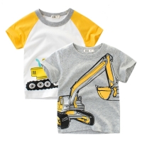 2022 Brand Summer Top Baby Boy T Shirt Excavator Print Gray Short Sleeve Boys T Shirt Pure Cotton Kids Clothes 2-9Y