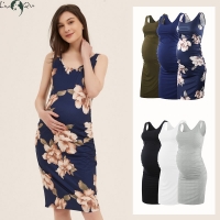 Women Summer Printing Maternity Sleeveless Dresses Casual Maternity Tank Dress Round Neck Side Ruched Pregnancy Dress Baby Showe