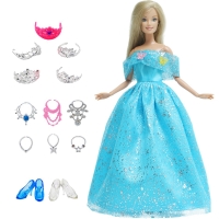 Set of 14 Accessories for Barbie: 1 Dress and 13 Random Shoes, Handbags, Glasses, and Clothes. Ideal for Girls and Baby Toys.
