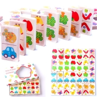 Montessori Wooden Dominoes Toy Set - 28 Pieces with Fruit and Animal Themes for Children's Education and Learning, Jigsaw Puzzle Game.