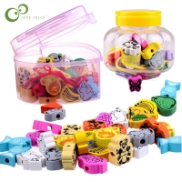 Wooden Animal and Fruit Threading Beads Set - 26 pieces for Kids' Educational Play