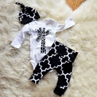 Set of 3 Baby Boy Cotton Outfits: Deer Print Romper, Pants, and Hat.