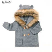 Baby Winter Hooded Sweater with Fur Collar - Knitted Baby Cardigan for Boys and Girls, Perfect for Christmas Season.