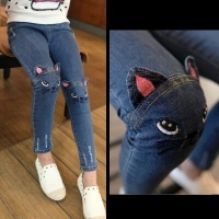 Hot Quality 2018 Girls Jeans for Spring and Autumn Children's Clothing Kids Cat Embroidered Jeans 2-8 Ages Blue girl jeans kids