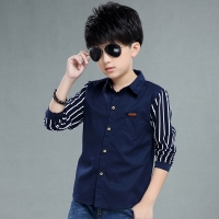 Boys Long Sleeve Striped Shirt for Casual Wear, Ages 4-12, Navy Blue and White.