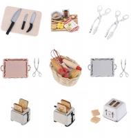Miniature Microwave Food Cooking Set for Doll House Kitchen Play Toy - Includes Bread Board, Knife, and Chopping Block at 1:12 and 1:6 Scales.
